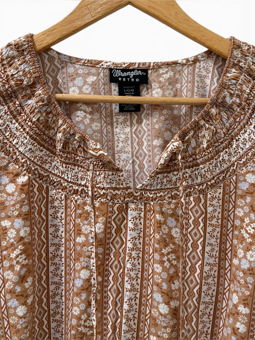 Wrangler Retro Floral Stripe Crop Top Peasant Rayon Boho Western Blouse Large - Picture 3 of 9